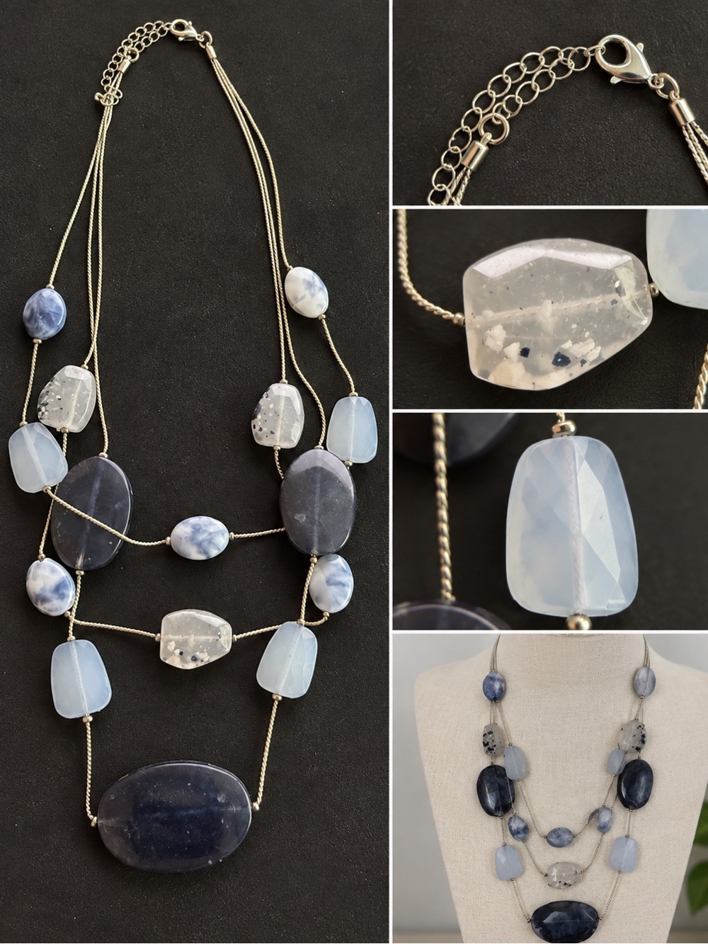 Blue Gray Multi Strand Statement Necklace Faceted Beaded Silver Tone